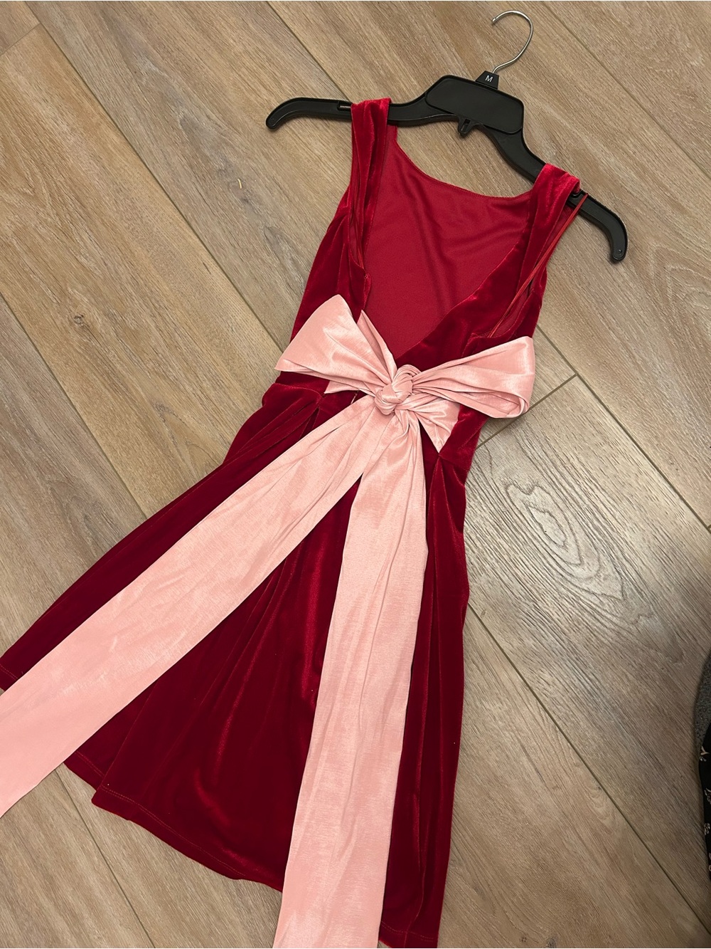 Juniors red velvet Dress with Pink Bow